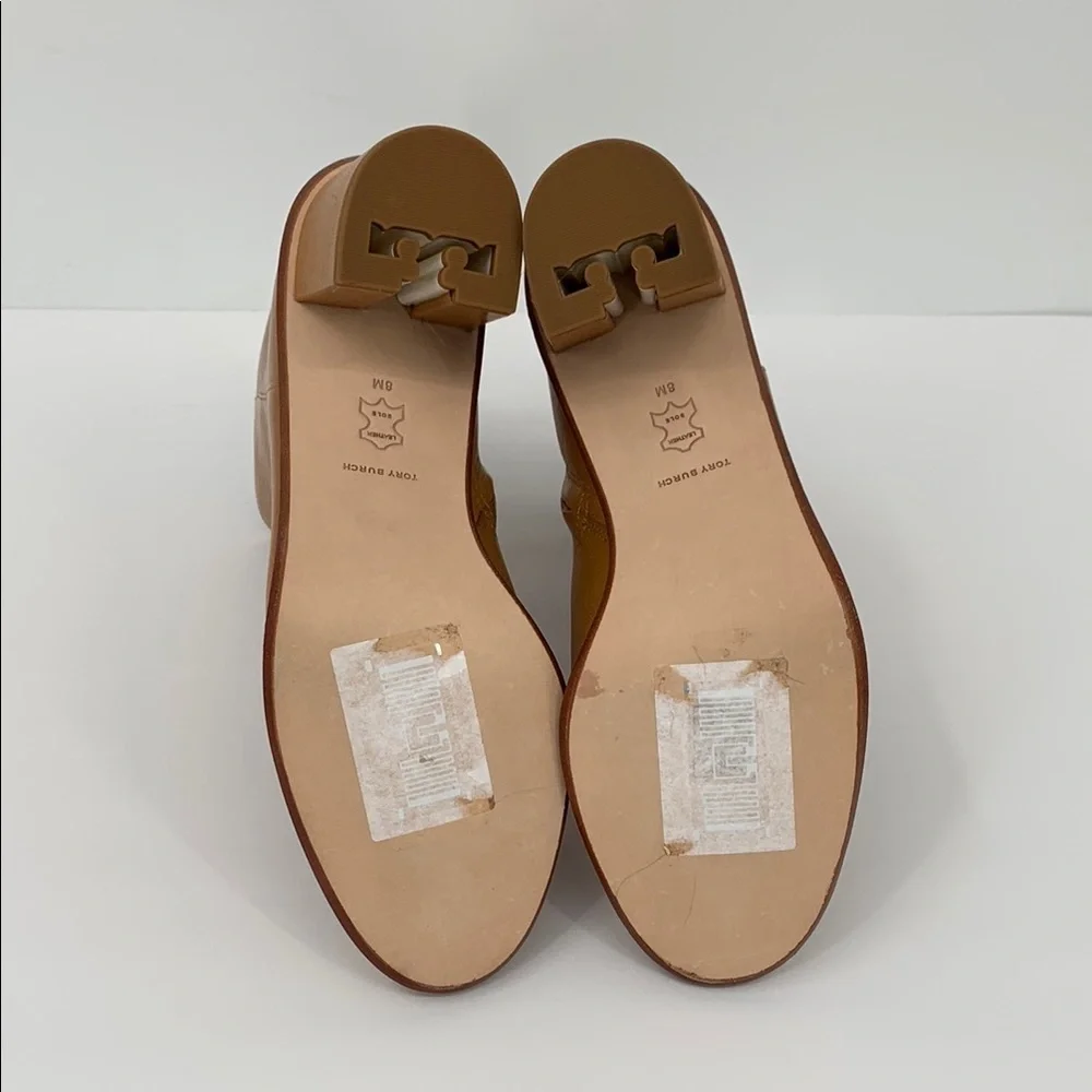 Tory Burch Brooke stamped heel ankle boots brown camel leather chunky heel new 8